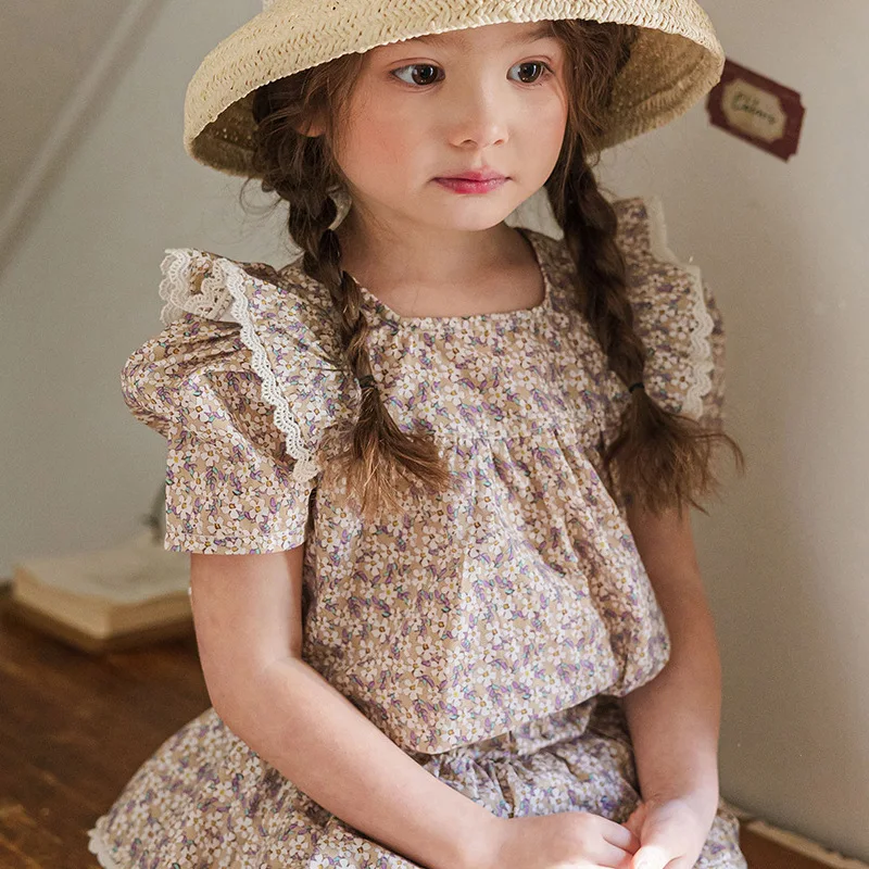 

Girls Floral Shirts 2025 Summer New Korean Girl Baby Sweet Lace Ruffles Bubble Short Sleeve Shirt T-shirt