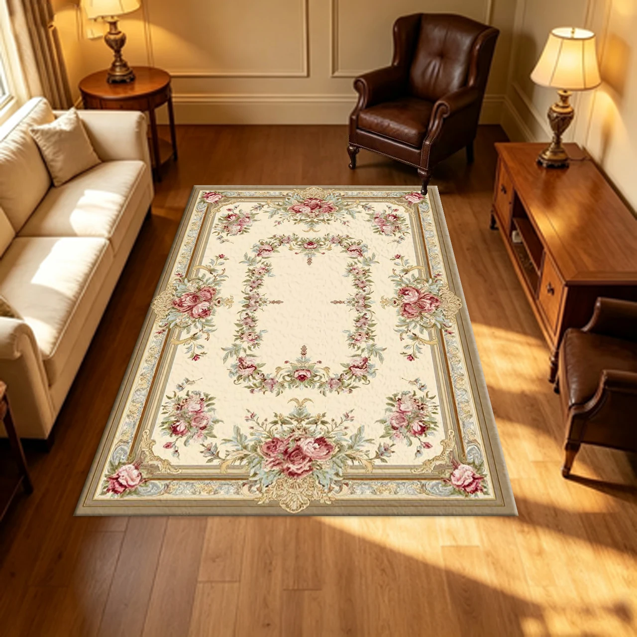 Retro French Rose Wreath Carpet Flooring Antique Baroque Floral Border Household Living Bedroom Area Rug Indoor Floor Covering