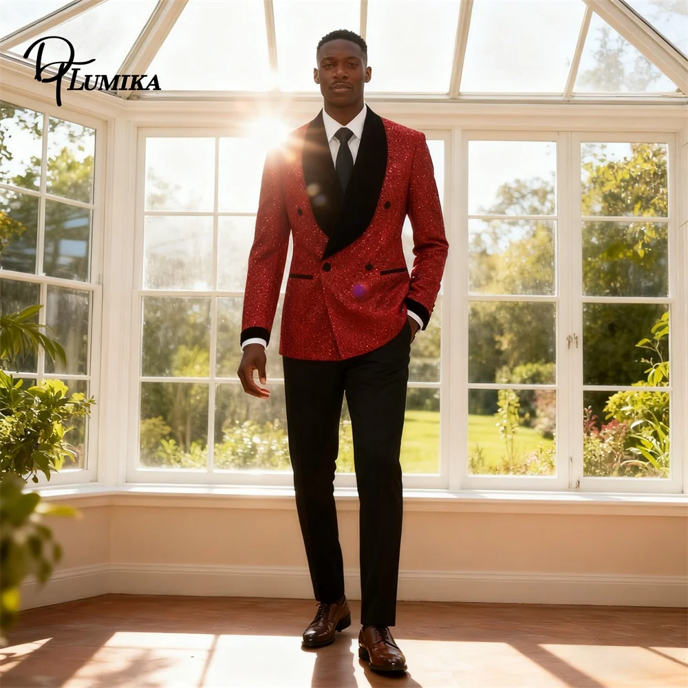 

DTLumika Glitter Mens 2-Piece Suit Set Vintage Double Breasted Slim Fitted Groom Wedding Suits Singer Performance Costume Tuxedo