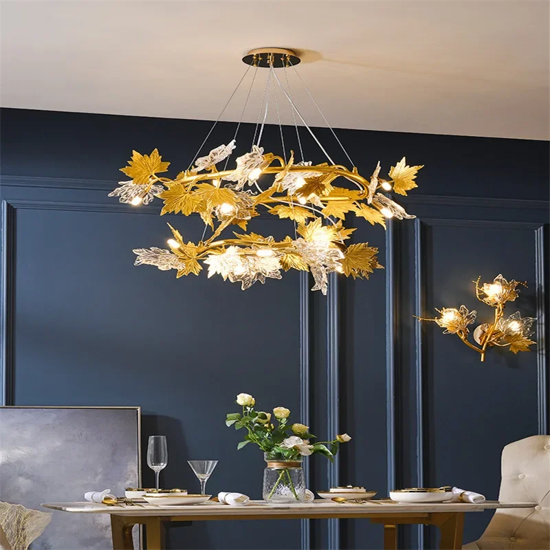 Maple Leaf Art Led Chandeliers Hanging Pendant Lighting Modern French Country Lustre Crystal Suspension Rustic Bar Decor Lamps