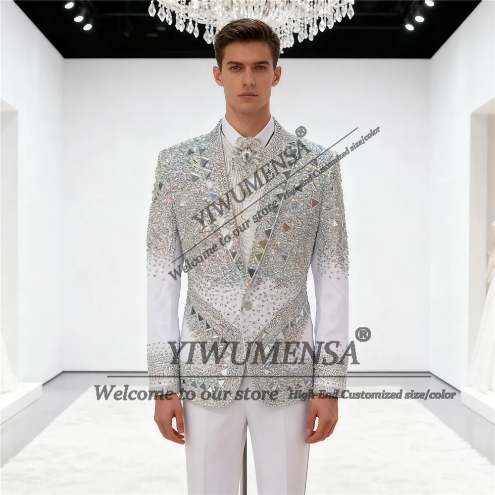 

Sparkling Diamond Beaded Men Suits 2 Pieces Sets Male Fashion Prom Blazer Slim Fit Wedding Groom Tuxedos trajes para hombre