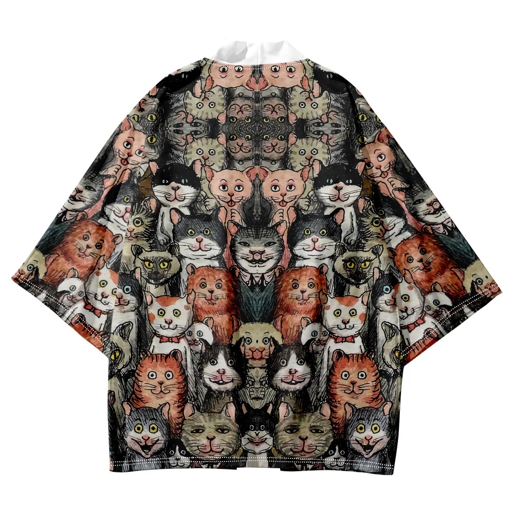 Japanese Cardigan Samurai Costume Clothing Shirt Yukata Haori Jacket Mens Cute Cat Kimono