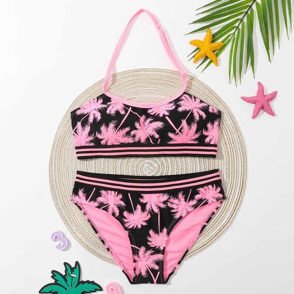 

Girl Palm Tree Print Bikini Swimsuit Kids Tape Trim Two Piece Children's Swimwear Teen Halter Top Bathing Suit Beachwear Biquini