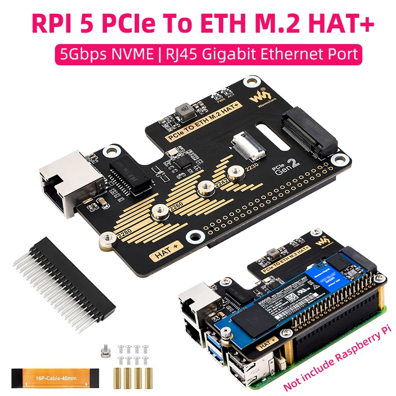 Raspberry Pi 5 PCIe to ETH M.2 HAT+ RTL8111H Gigabit Ethernet RJ45 Port 5Gbps NVME Adapter for 2230/2242/2260/2280 Size SSD RPI5