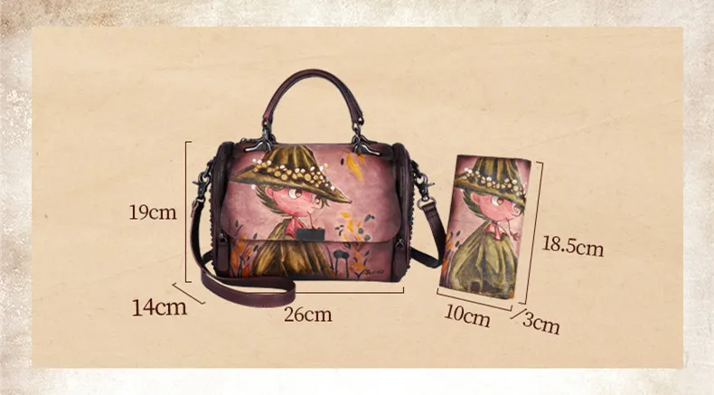 Vintage Women Bags Gift Origional Hand-Painted Cowhide Leather Shoulder Handbag + Wallet Female