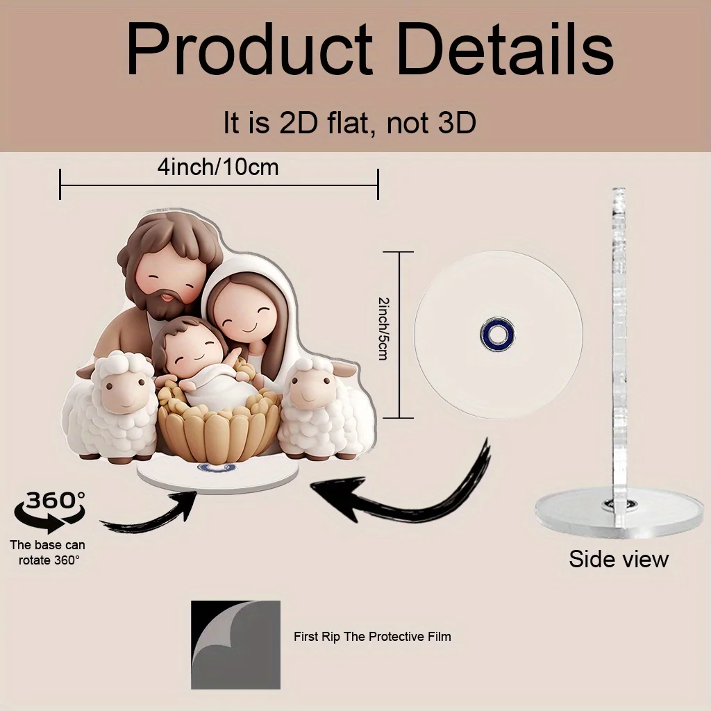 2D Flat, 2D Flat 1pc 360° Rotating Acrylic Nativity Scene Ornament - 2D Flat Design Featuring Baby Jesus in the Manger with Mary