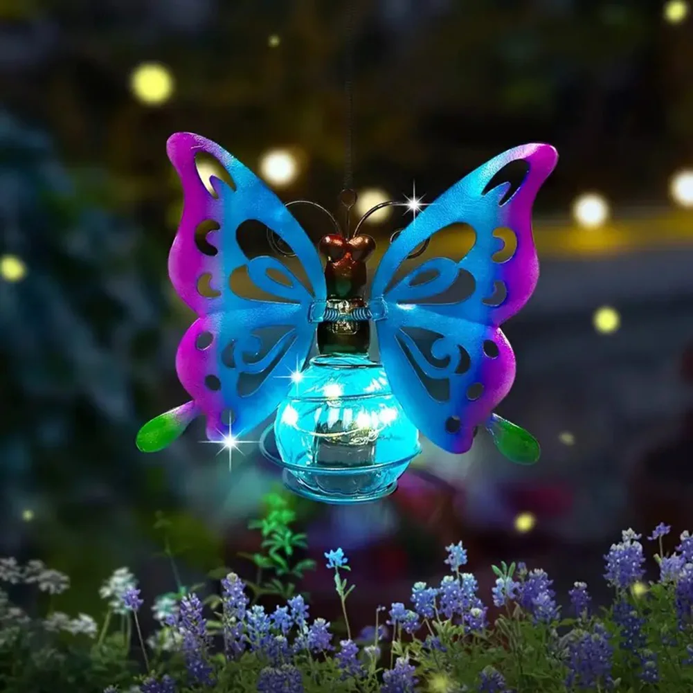Waterproof Butterfly Solar Lanterns for Outdoor Use 13.5cm Iron Hanging Light with Fluttering Spring Motion Effect