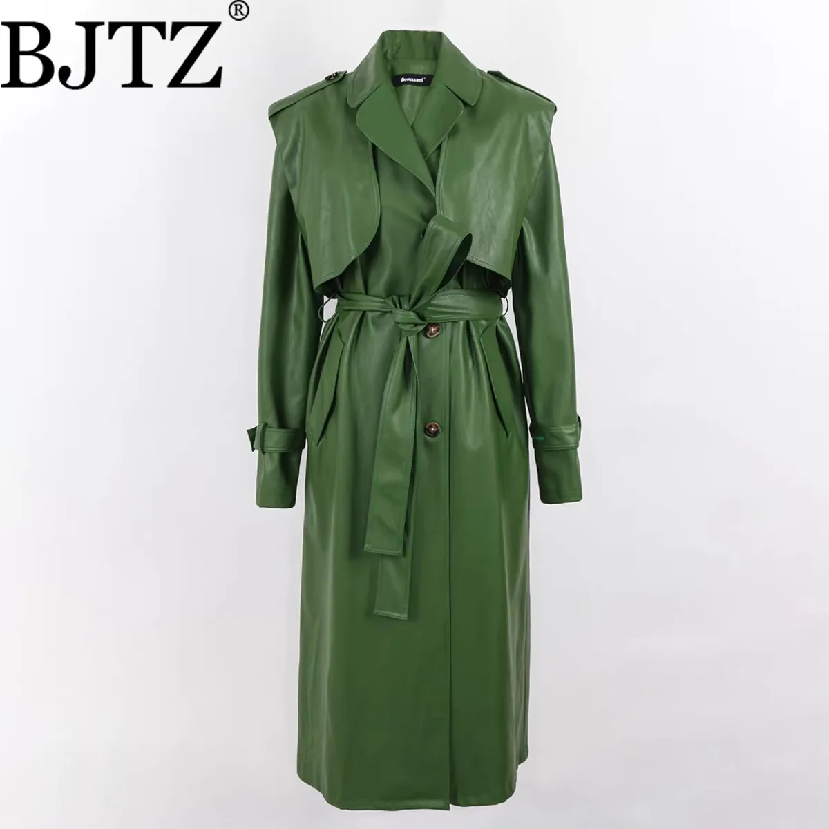 

BJTZ женский винтажный зеленый плащ в стиле милитари с длинным поясом, классическая повседневная верхняя одежда, высокое качество, осень-зима, вневременной стиль