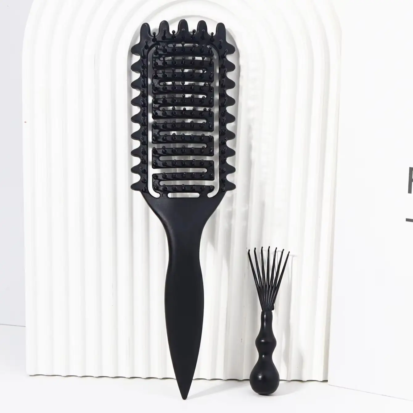 2pcs hollowed out curly hair styling brush set with comb cleaner, reducing frizz and breakage Special for real hair wigs