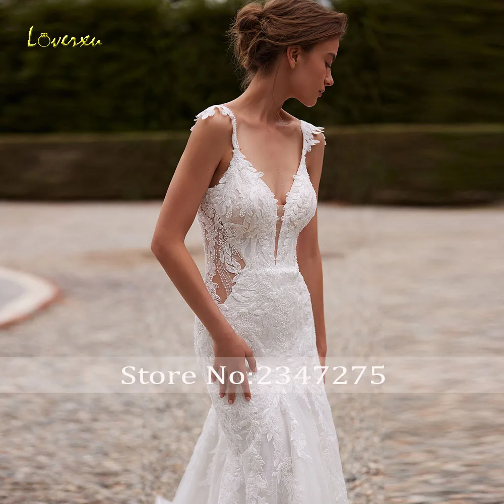 Loverxu Sirena Abiti da sposa sexy Sweetheart senza maniche Vestido De Novia Applicazioni di pizzo Abiti da sposa glamour su misura