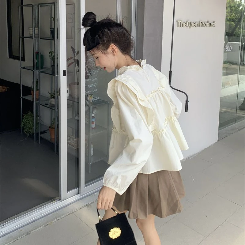 Women Blouse Patchwork Pleated Loose Female All-match Ruffled Sweet Designed Solid Short Causal Autumn Korean Chic Elegant Youth