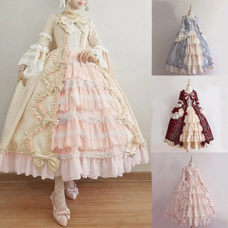 Stylish Plus Size Dress Women Vintage Square Collar Patchwork Bow Dress Carnival Middle Ages Gothic Court Victoria Dresses