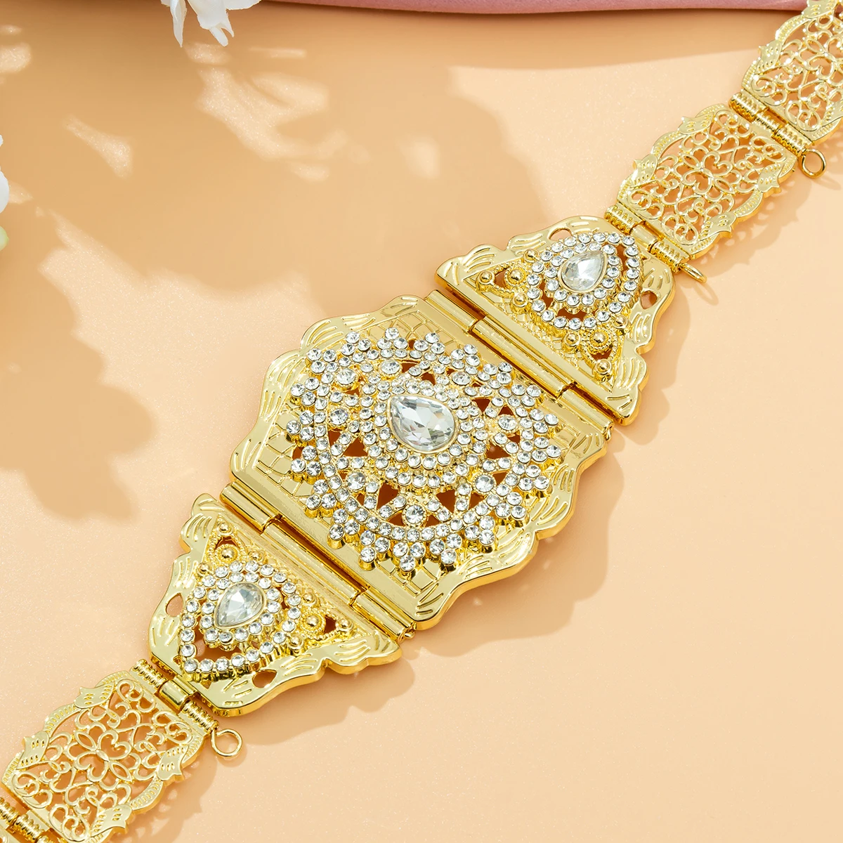 Chic Kaftan Belt Jewelry Cutout Pattern Carved Drop Gemstone Moroccan Bridal Wedding Dress Waist Chain Accessories Adjustable
