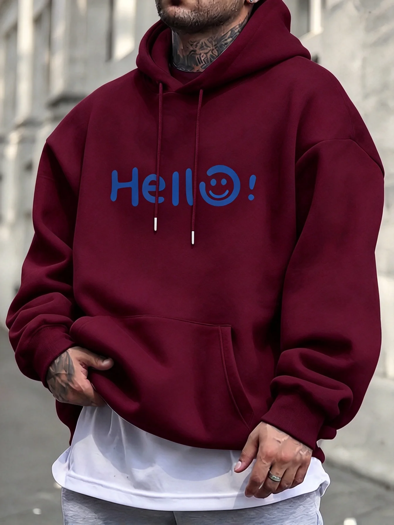 Men Hello Graphic Printed Drawstring Hoodie, All Season Streetwear Pocket Loose Long Sleeve Casual Sports Pullover Sweatshirt