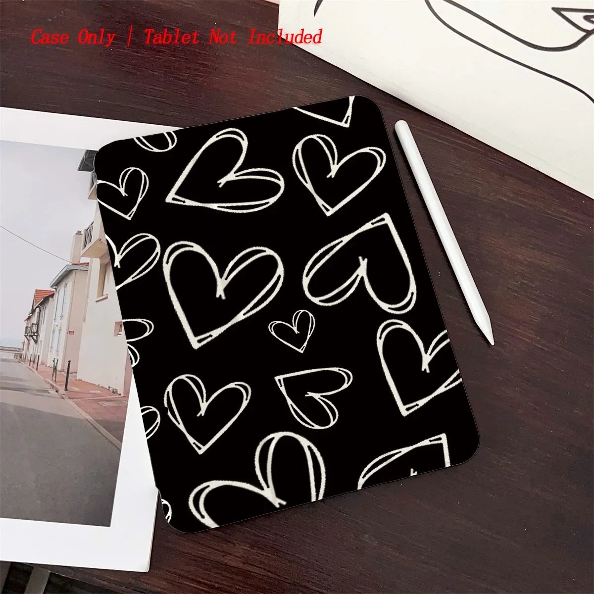 

Sleek Black Background White Linear Heart Patterns iPad Cover For Apple iPad 10.2 10.9 Inch Air3 Pro 11 Mini 6 Shockproof Case