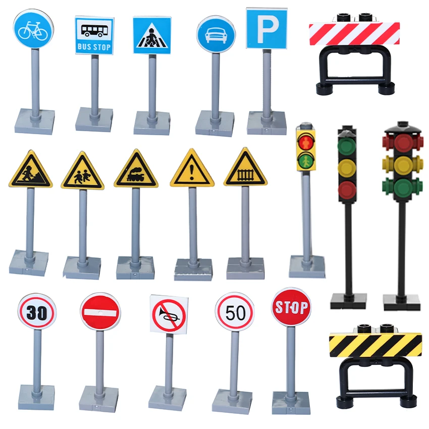 MOC DIY Building Block Scene Construction City Traffic Lights Road Signs Roadblock Signal Light Speed Limit Minifigs Accessories