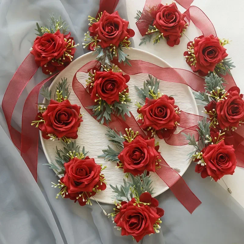 

Red Artifical Rose Flowers Wrist Corsage Bridesmaid Pin Boutonniere Groomsman Marriage Accessories