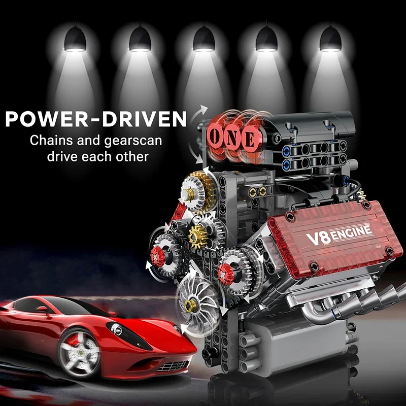 NEW G8909 478pcs V8 Engine Technical Building Blocks With L Motor Car Model Assembly Bricks Educational DIY Toys AA Battery Box