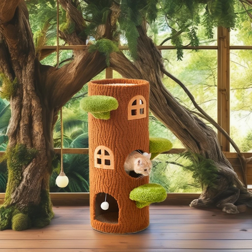 Árbol rascador para gatos con nido tipo cueva para amantes de los felinos, con caja de juguetes interactivos para gatos y otros productos para mascotas, sostenible.