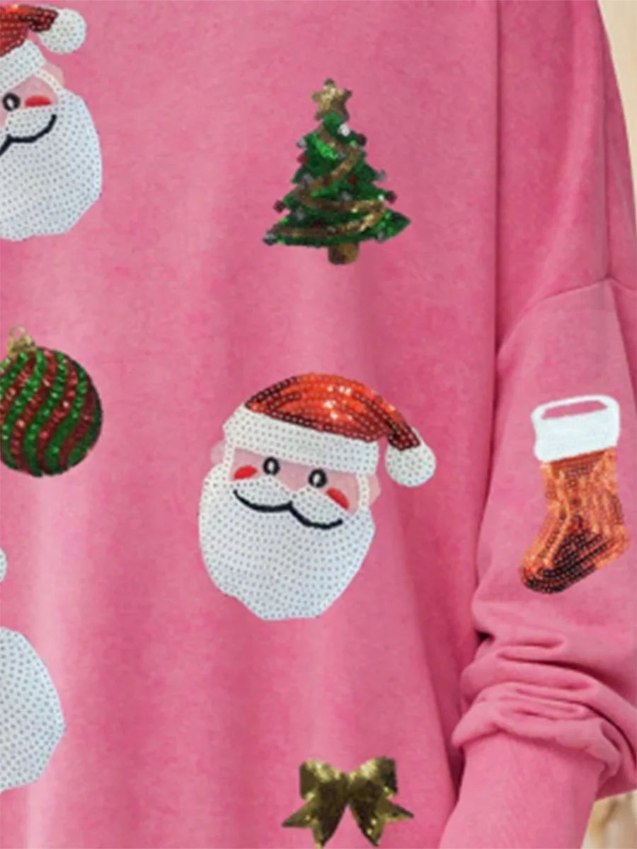 Women’s Christmas Sweatshirts Sequin Santa Graphic Long Sleeve Crew Neck Pullovers Oversized Tops