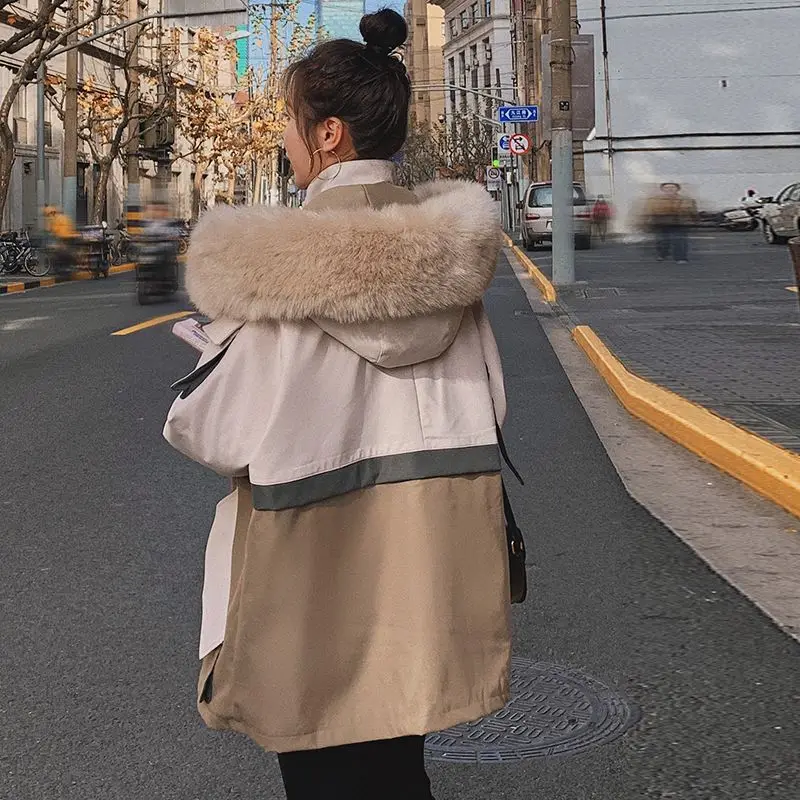 

Plush Military Parka Women's Bestseller Color Block Thickened Puffer Jacket Thermal Lined Cotton Blend Outerwear​​