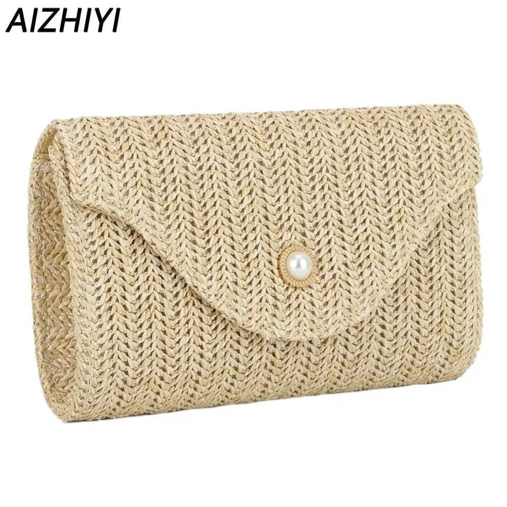 Luxury Evening Raffia Straw Clutch Purses for Women Summer Pearl Evening Handbags Woven Envelope Shoulder Bag for Beach 2024 New