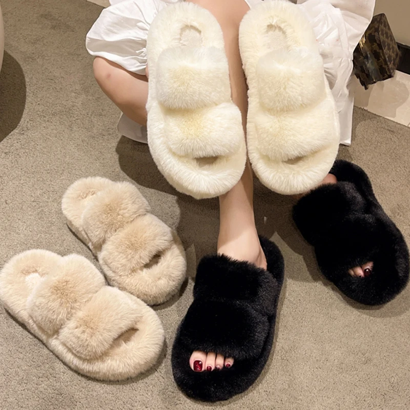 Women's Fluffy Slippers Cozy Comfy Open Toe House Slippers Soft Plush Two Band Slides Anti-Skid Indoor Outdoor Home Bedroom