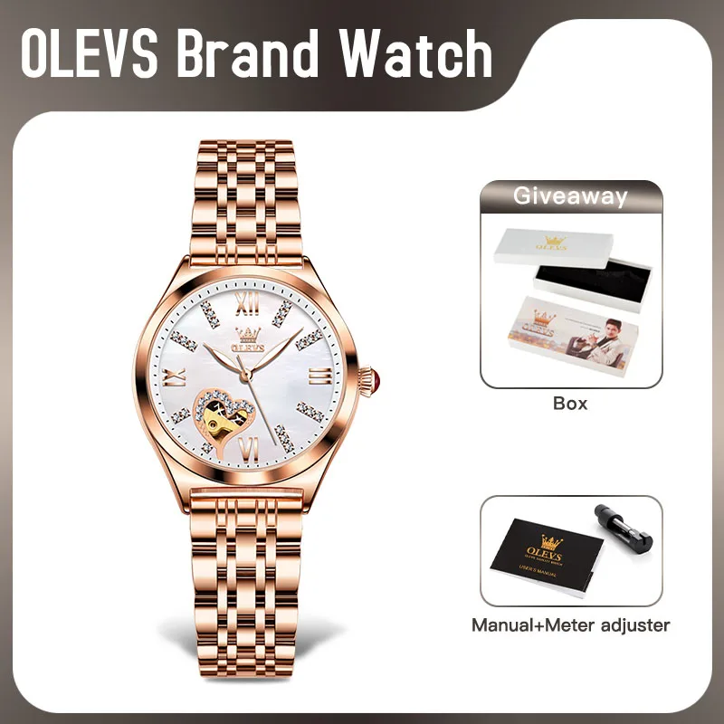 OLEVS 6636 오리지널 기계식 시계, 자동 무브먼트 러브 다이얼 시계, 여성용 방수 야광 시계