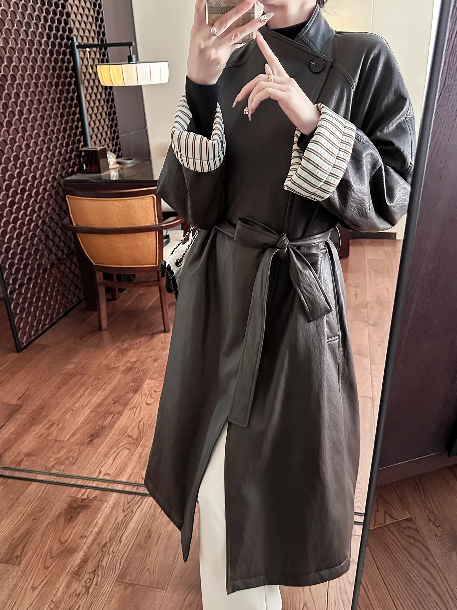 

You See Premium Matte Brown Leather Jaet Women's Inner White Du down Coat Sli Commute Wind Thiened Long Sve Coat