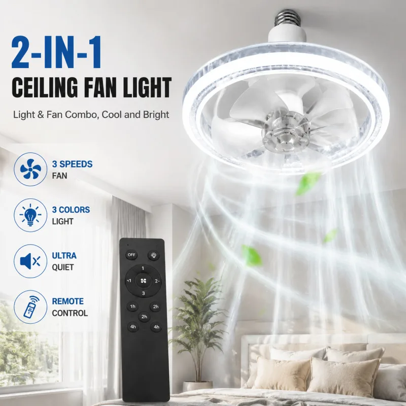 

2-in-1 Ceiling Fan Light with Remote Control Screw Base LED Bulb Fan Lamp, Silent Adjustable Speed for Bedroom Living Room Home