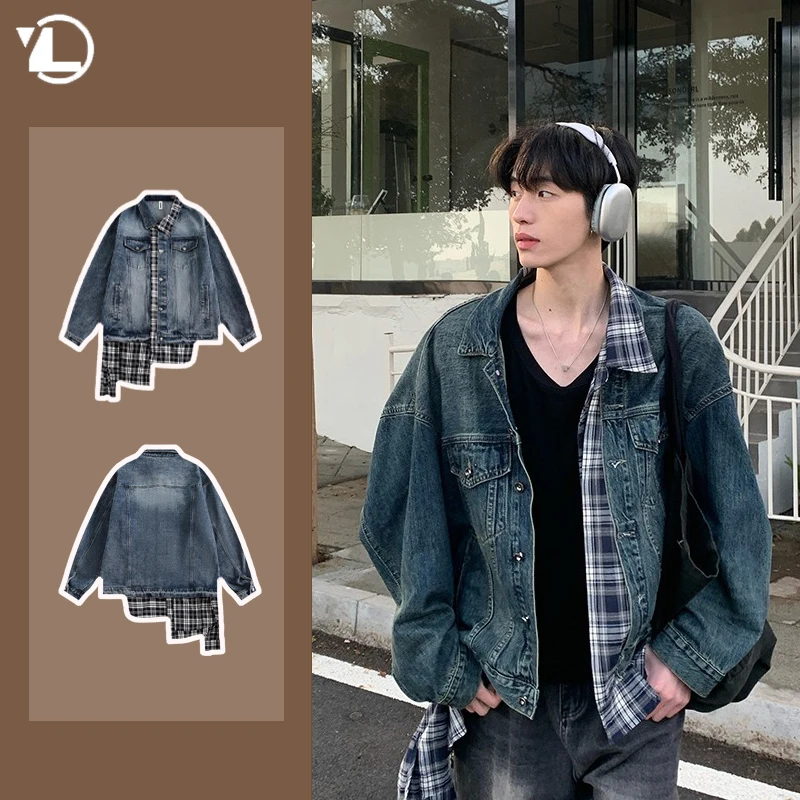 

2024 New Plaid Patchwork Denim Jacket Mens Vintage Hem Color Blocking Fake Two Coats College Harajuku Tooling Cowboy Outwear