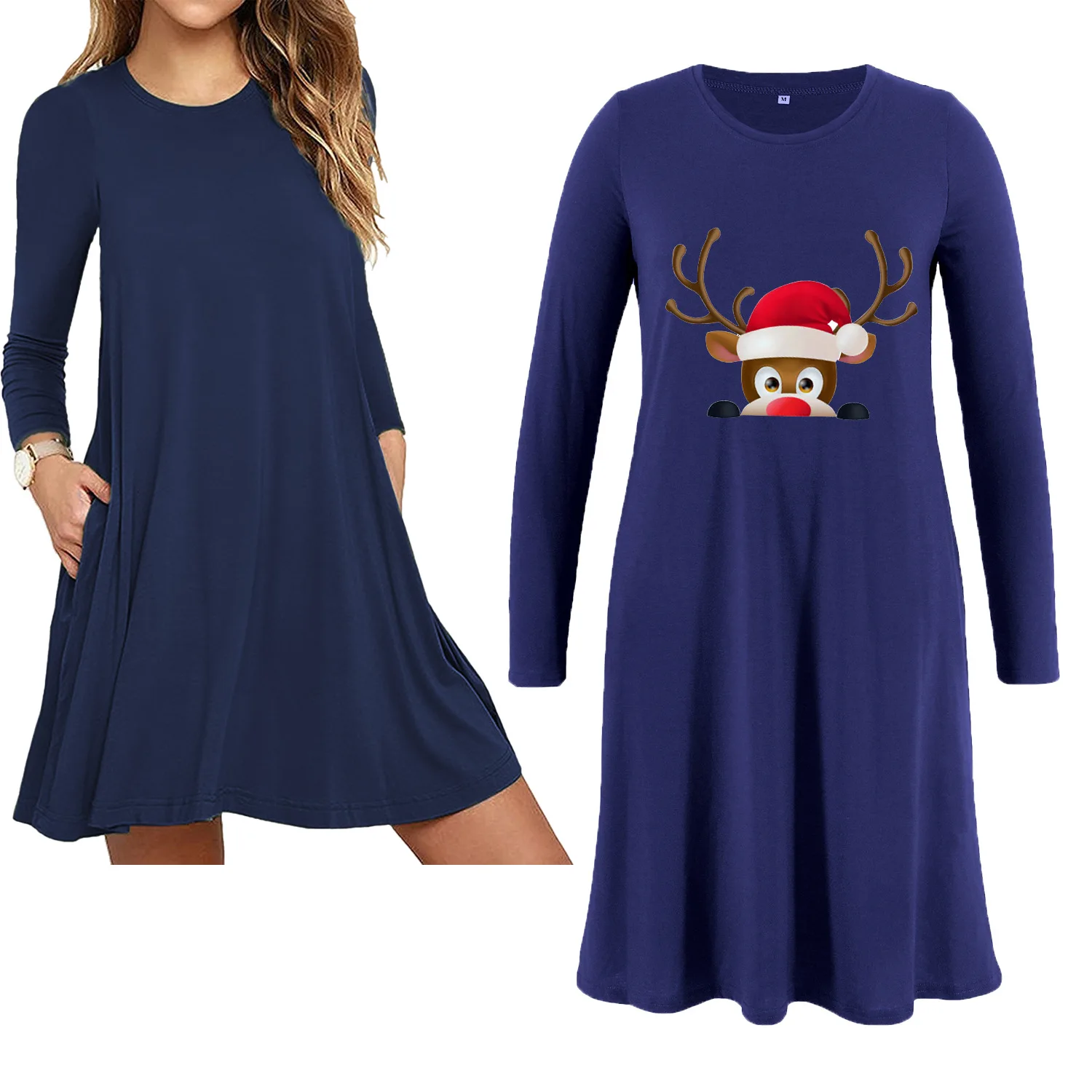 

Maternity Dresses Santa Hat Deer Head Printed Long-sleeve Polyester Dress for Women Christmas Pregnant Mother Boutique Clothes