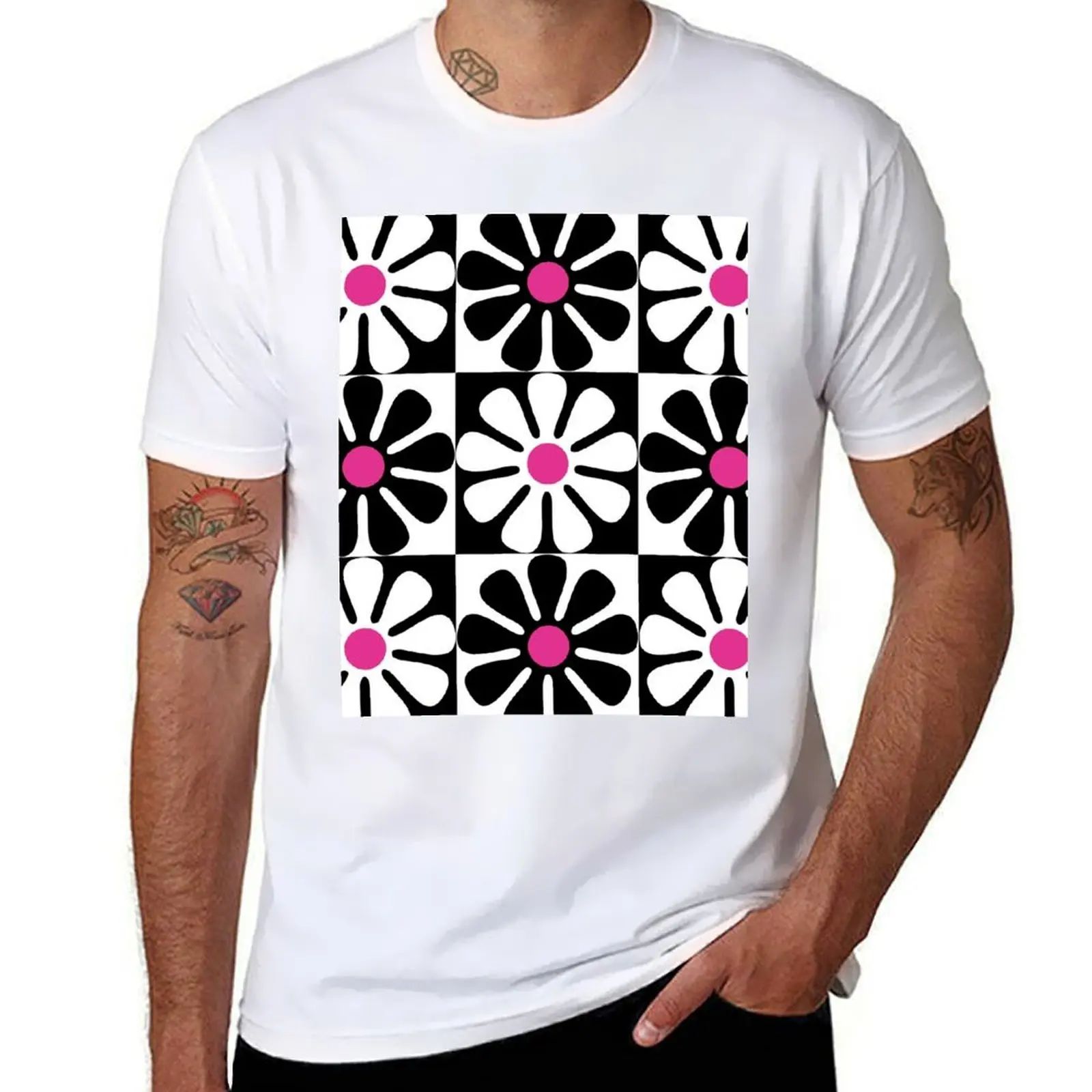 

60's Retro Big Flowers in Black, White and Pink T-Shirt t shirt for man 100 percent cotton t shirt for man T-Shirt