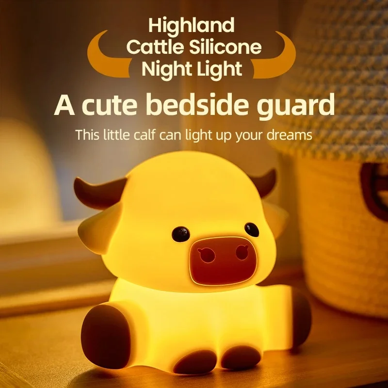 Silicone Highland Cow Night Light LED Nursing Lamp with Timer Desktop Room Decor Children Birthday Gift JJ4691