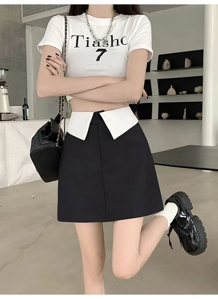 Suit Skirts Flange Patchwork High Waist Pockets 2024 Summer New Women Chic Office Lady Mini Wrapped Hip Half Skirt Charming Sexy