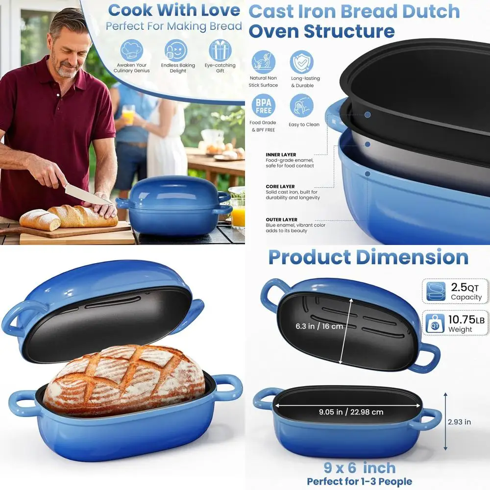 

2.5 Quart Cast Iron Dutch Oven for Sourdough, Bread Loaf Pan with Lid, Perfect for Homemade Sourdough, Blue Oval Design, Ideal G