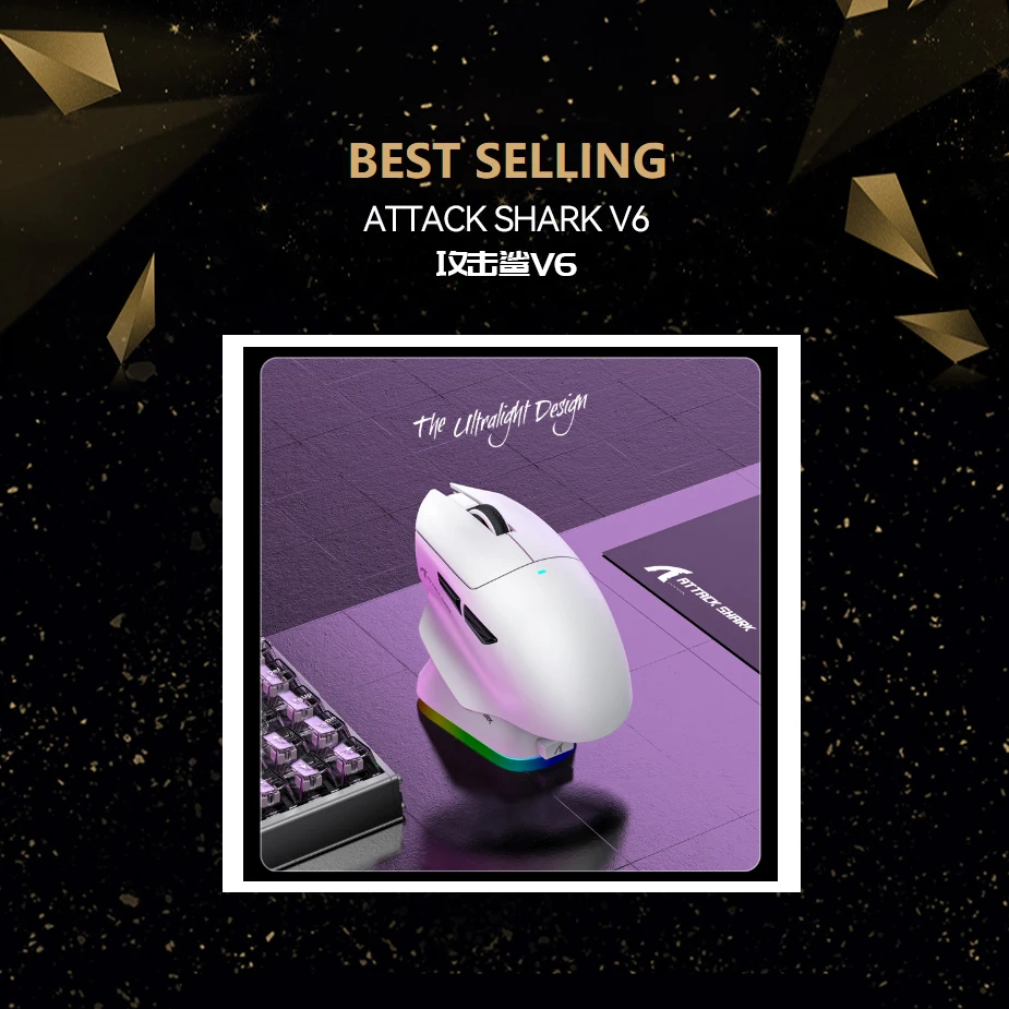 New! ATTACK SHARK V6 25000DPI Wireless Mouse,Touch Magnetic Charging Base ,Bluetooth Tri-Mode Connection, Macro Gaming Mouse