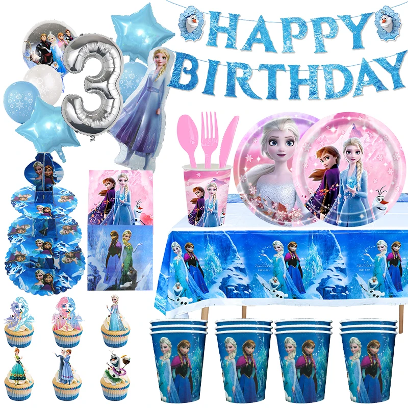 Disney Frozen Birthday Party Decorations Tableware Supplies Elsa Princess Paper Cups Plates Pink Blue Balloons For Baby Kids