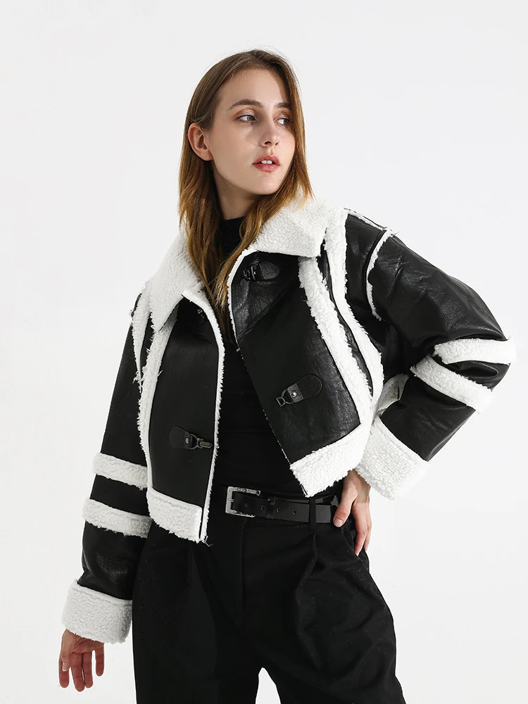 

STUDIO Motorcycle Girl Color Blo ort Jaet Women's Autumn Winter Thiened Leather And Wool Blend Crop Top