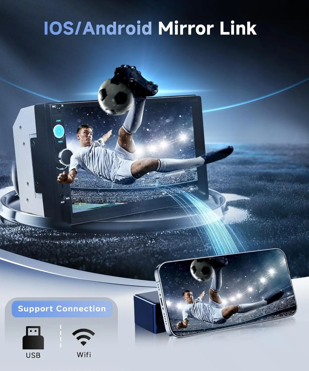 7' Car Radio with Bluetooth, Mirror Link, Backup Camera, FM, USB, AUX, Steering Control