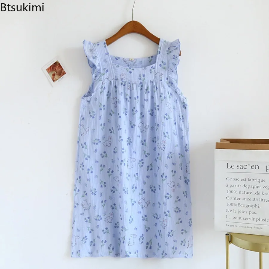 2025 Women's Sleeping Skirt Spaghetti Strap Nightdress Skirt 100% Cotton Gauze Comfortable Floral Print Home Pajamas for Women