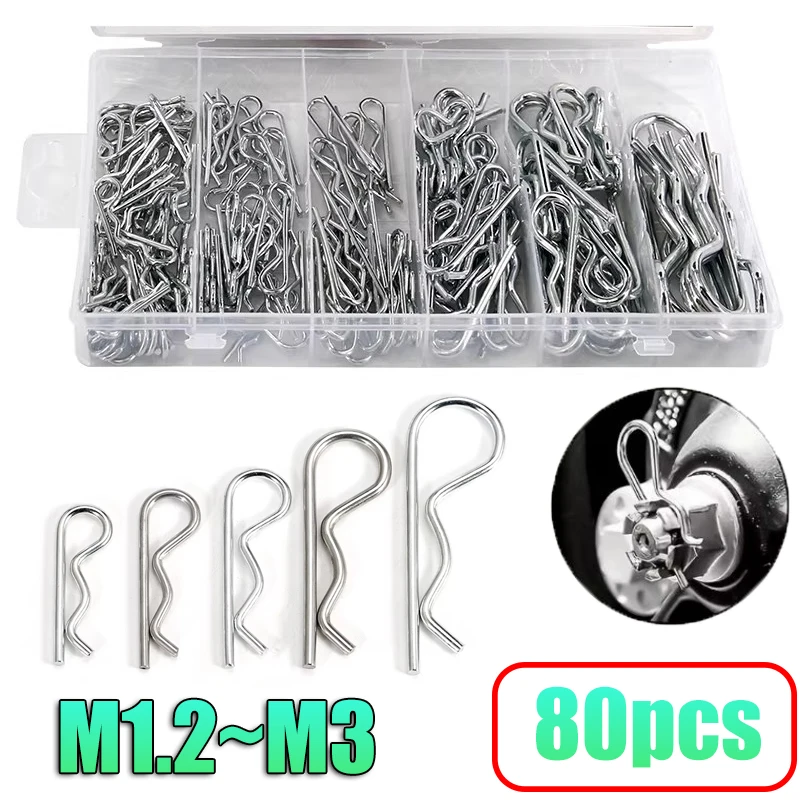 80pcs Cotter Pins Spring Connectors 1.2~3mm, 304SS/Carbon Steel R-Clips Splint Assortment Galvanised Spring Pins Safety Pins Set