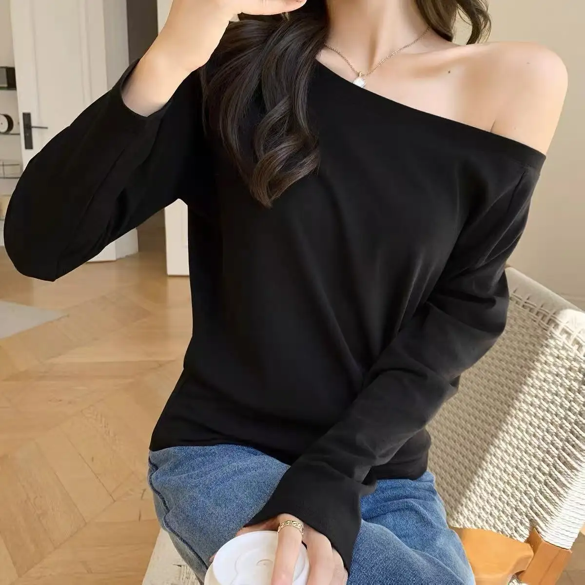 Cuff Sleeve Off Shoulder Long Sleeve Tops Ladies Slim Ruched Soft Cotton Korean Fashion Spring Fall Daily Basic Tees