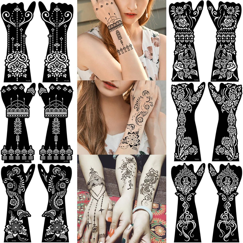 4pcs/Set Large Henna Hand Tattoo Stencils Women Girls Hand Finger Body Paint Henna Tattoo Templates Stencil DIY Indian Style