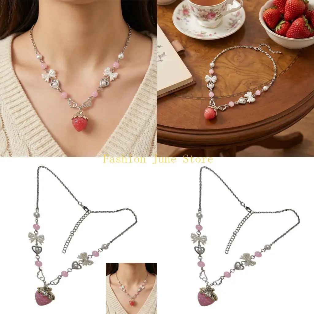 N5KA Strawberry Shaped Acrylic Pendant Necklace With Imitation Pearls For Daily Wear