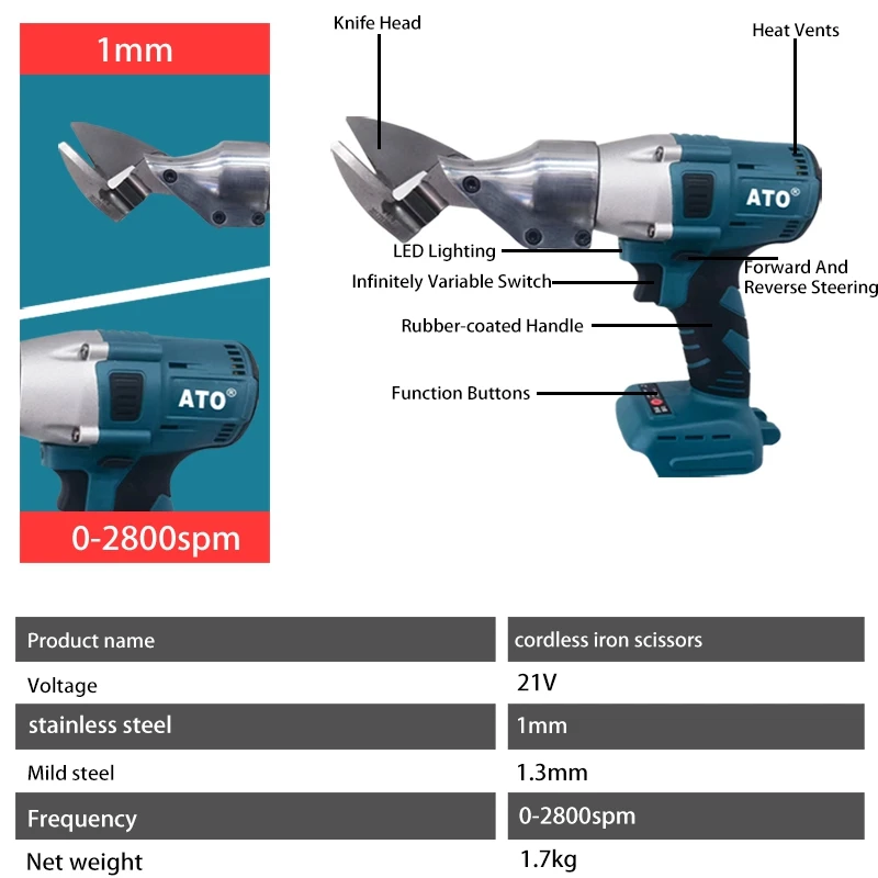 ATO Electric Cordless Iron Scissors Metal Cutting Tools Iron Shear Sheet Shears Carbon Steel Cutter For Makita 18V Battery