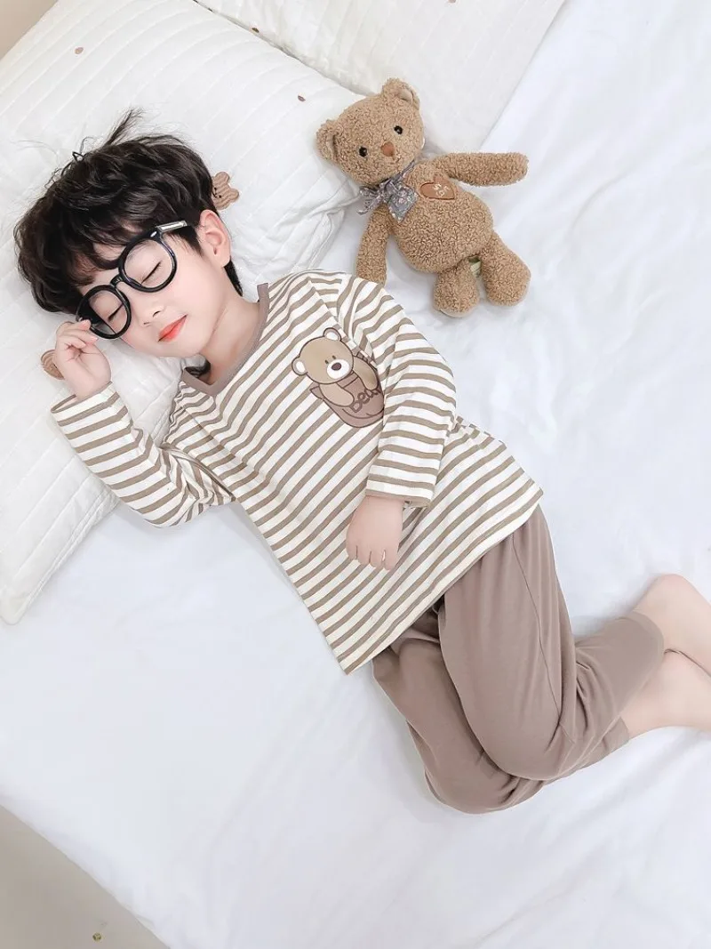 

Легкая пижама из модала с мультяшным медведем для мальчиков, осенняя полосатая домашняя одежда с длинными рукавами