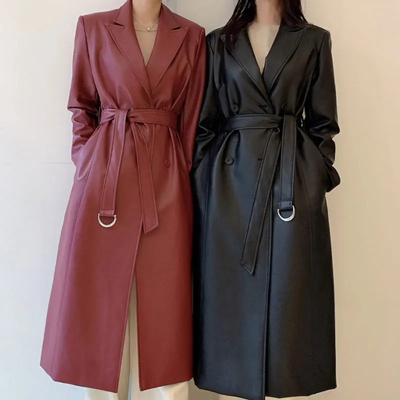 

Retro Chic Long PU Leather Windbreaker Coat with Waist-Cinching Tie Single-breasted Suit Collar Women's Autumn Faion