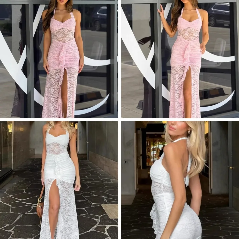 

Chic Off-Shoulder Lace Maxi Dress for Women, Sexy Backless Beach Cover Up & Vacation Evening Gown