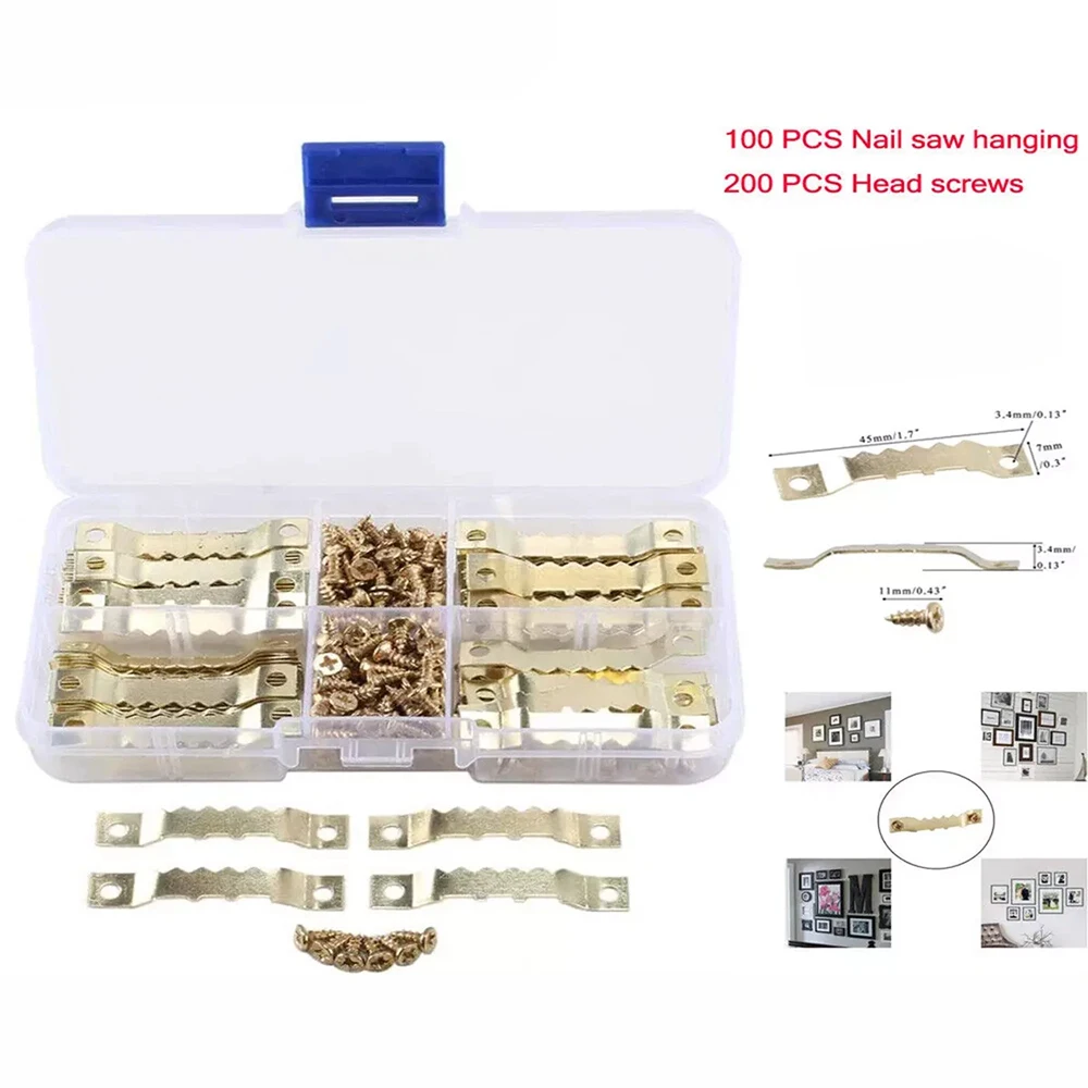 100pcs Golden Serrated Hook set with 200 Screws Picture Hangers Picture Hooks Sawtooth Hangers for Picture Frames Double Hole